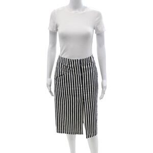 Designer Women Straight Pencil Skirt White Cotton Striped Size 40
